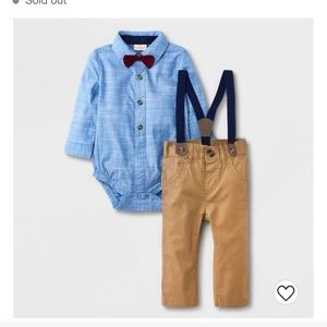 Adorable boy dress outfit! Tan Khaki Pant with bow tie & blue shirt NWT